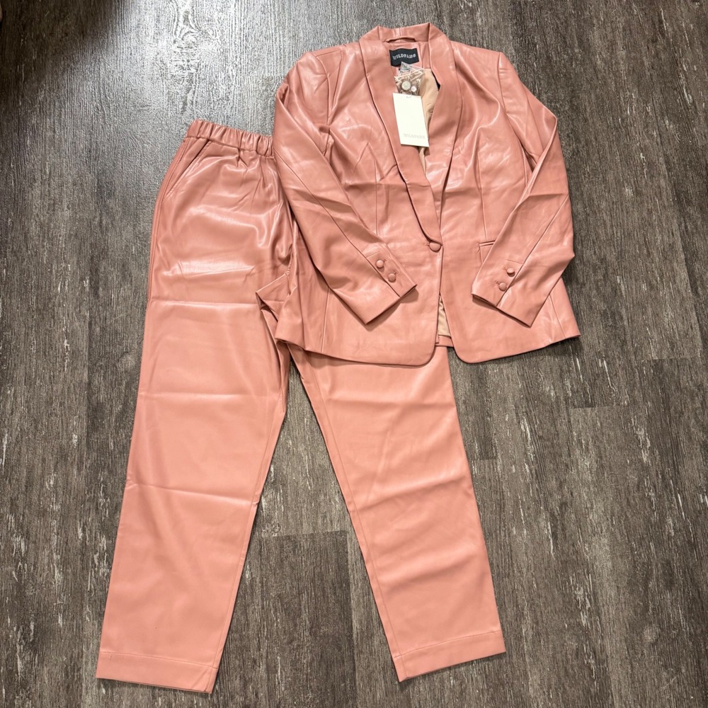 Wildfang Pink Peach Mauve Faux Leather Blazer Pants Set Women's XL